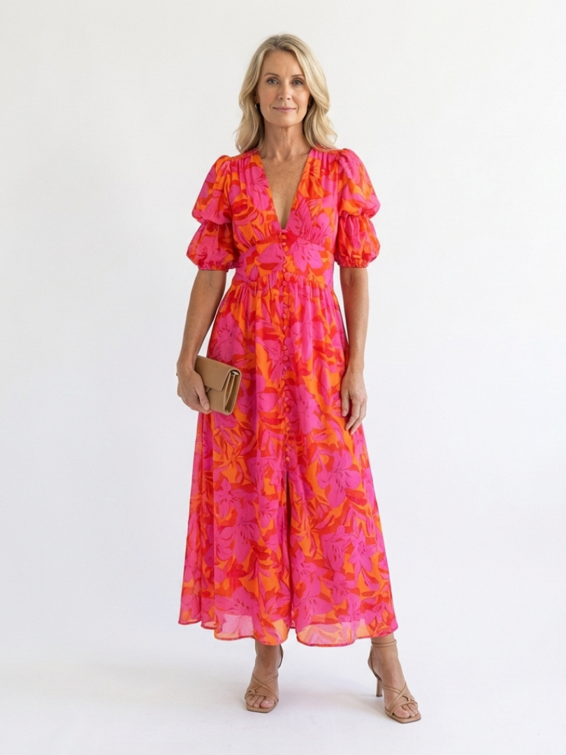 Vestido midi con escote en V y mangas abullonadas Sauce - Juliaver Madrid