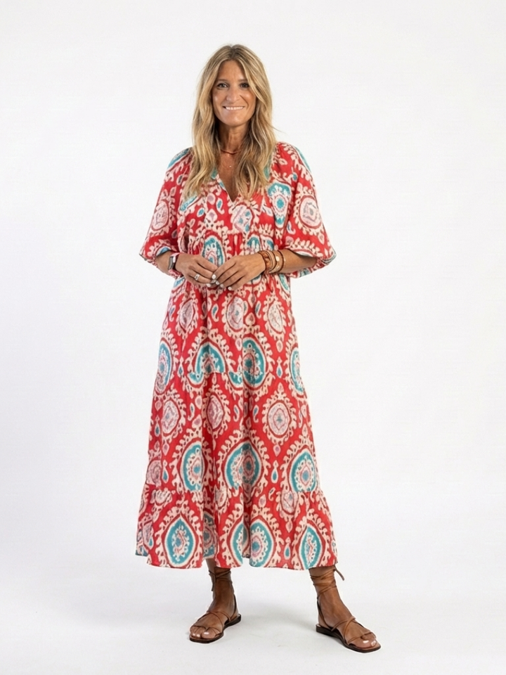 Vestido midi de manga corta con escote en V y estampado paisley Zaria - Juliaver Madrid