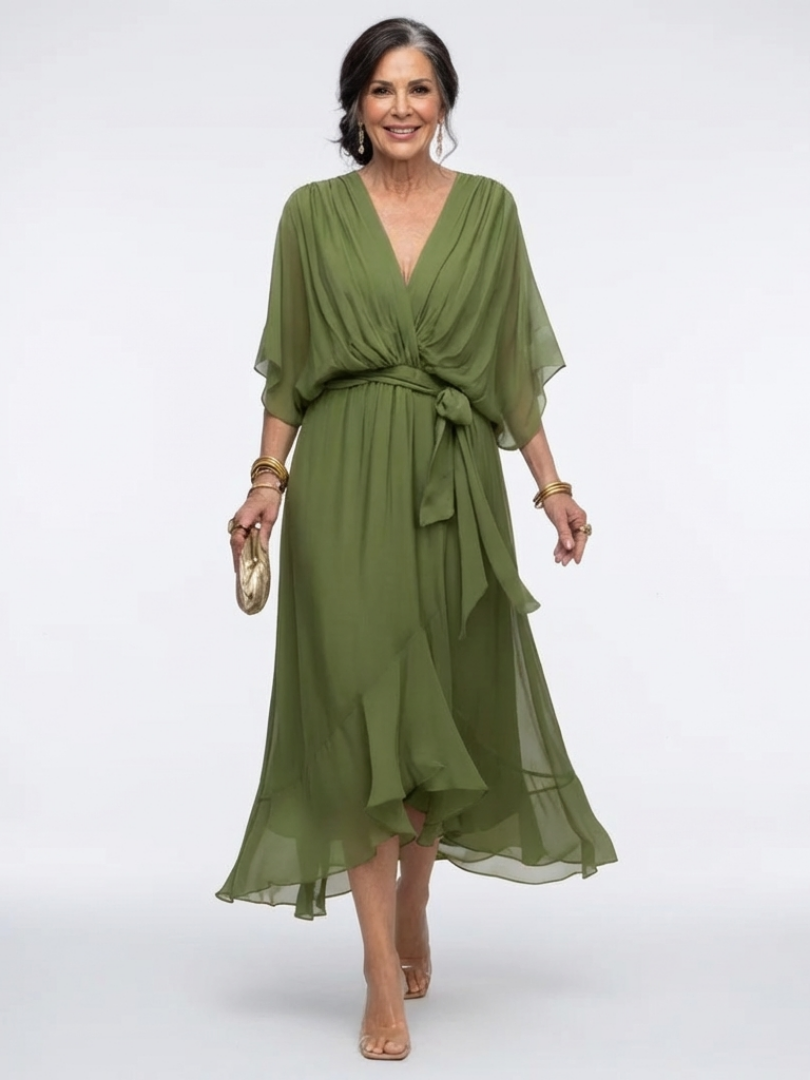 Vestido midi drapeado con escote en V y cinturilla Elysia - Juliaver Madrid