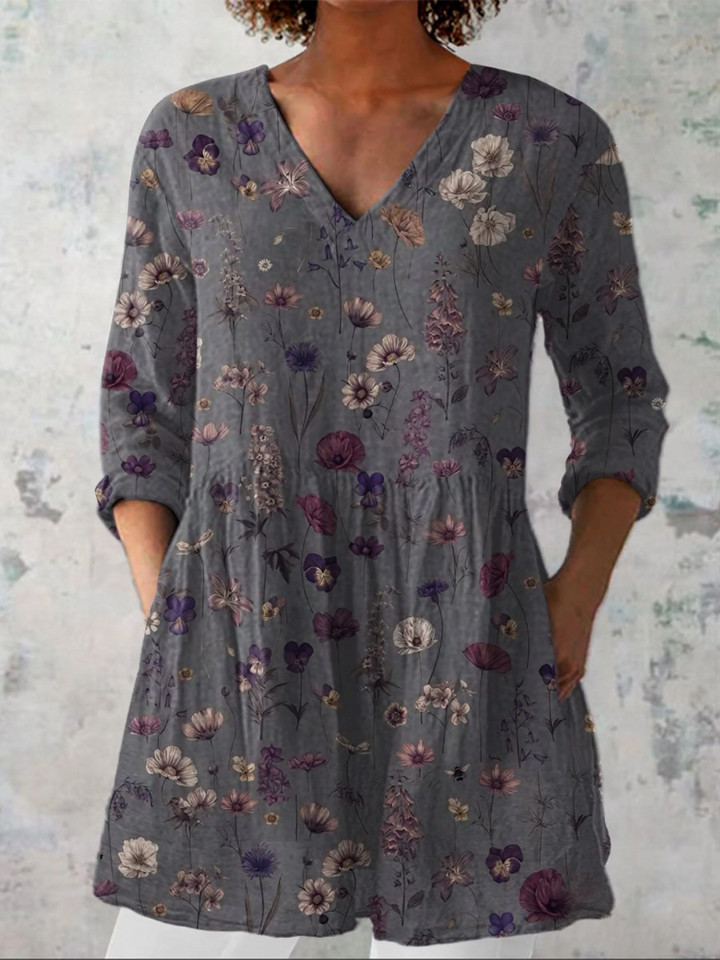 Kira | Blusa Larga Flores Prensadas Gris Oscuro