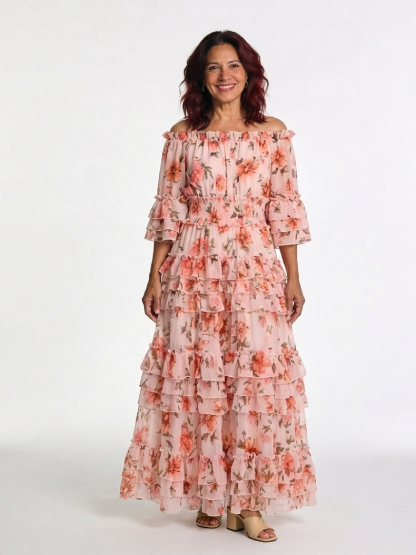 Vestido Maxi Floral con Volantes y Hombros Descubiertos Rosalie - Juliaver Madrid