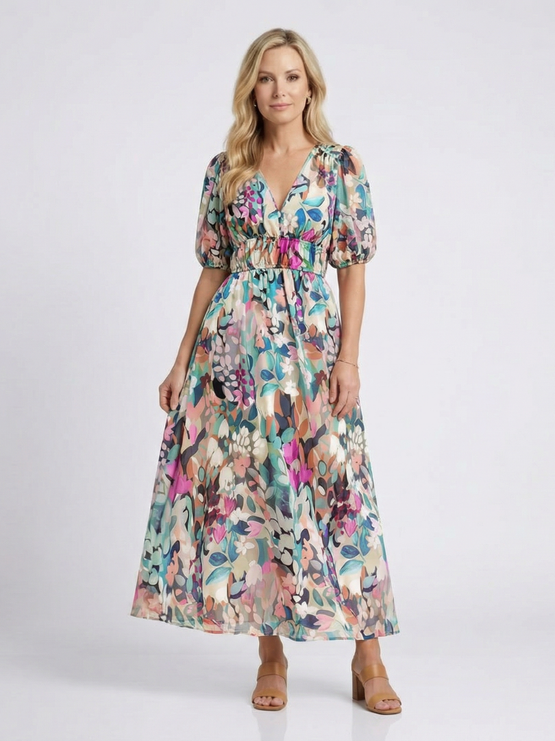 Vestido midi con escote en V y mangas cortas fruncido en la cintura Eulalie - Juliaver Madrid