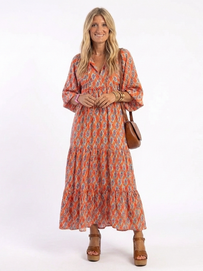 Vestido midi de capa con escote en V y estampado geométrico Amara - Juliaver Madrid