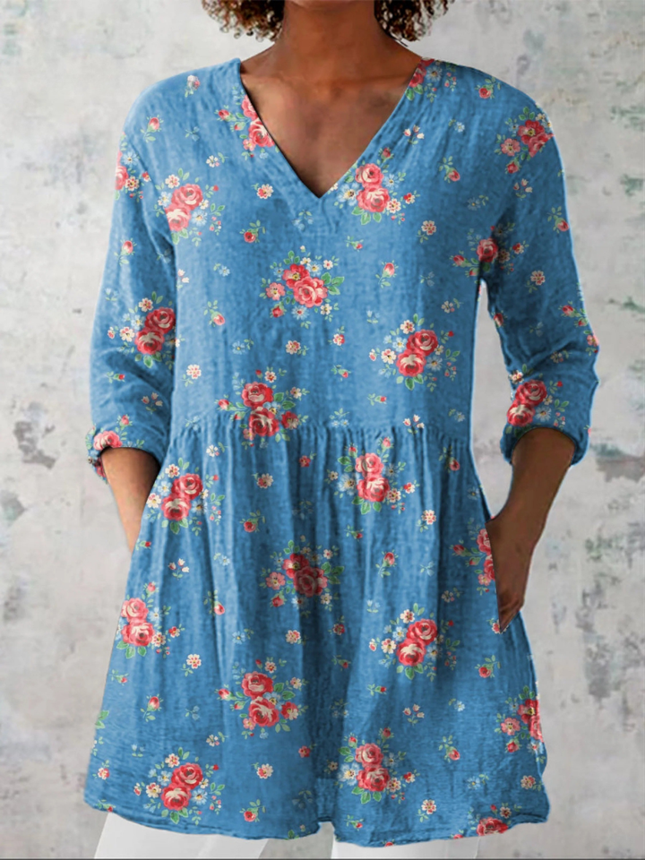 Ayla | Blusa Larga Ramos de Rosas Azul