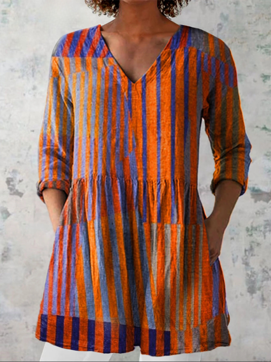 Elowen | Blusa Larga Rayas Patchwork Naranja y Azul