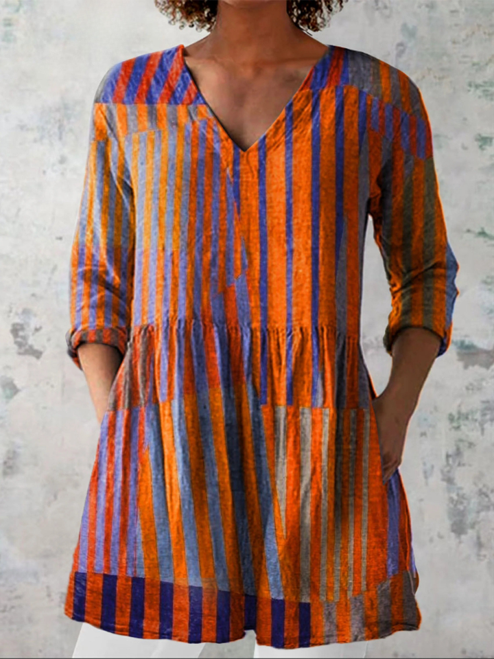 Elowen | Blusa Larga Rayas Patchwork Naranja y Azul