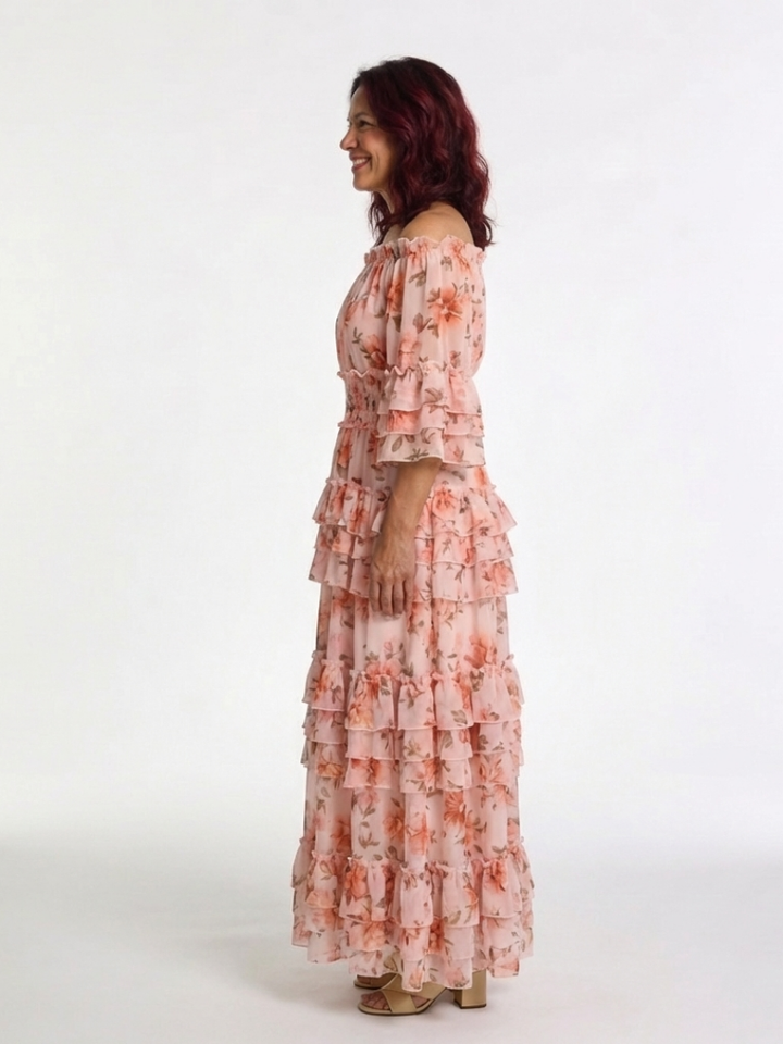 Vestido Maxi Floral con Volantes y Hombros Descubiertos Rosalie - Juliaver Madrid (vista 2)