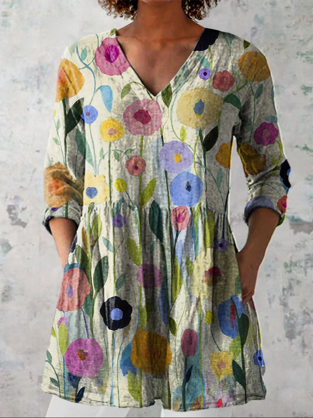 Remi | Blusa Larga Flores Acuarela sobre Crema