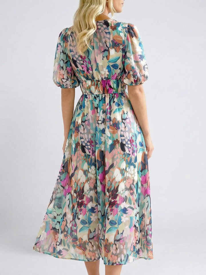 Vestido midi con escote en V y mangas cortas fruncido en la cintura Eulalie - Juliaver Madrid (vista 2)