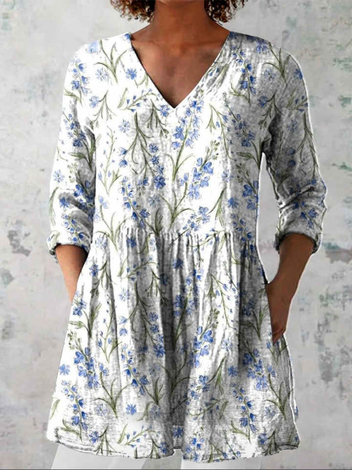 Brielle | Blusa Larga Ramilletes Azules sobre Blanco