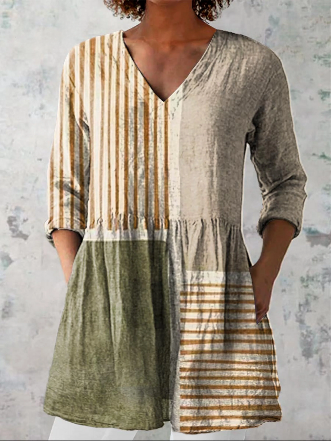 Maeve | Blusa Larga Patchwork Natural y Mostaza
