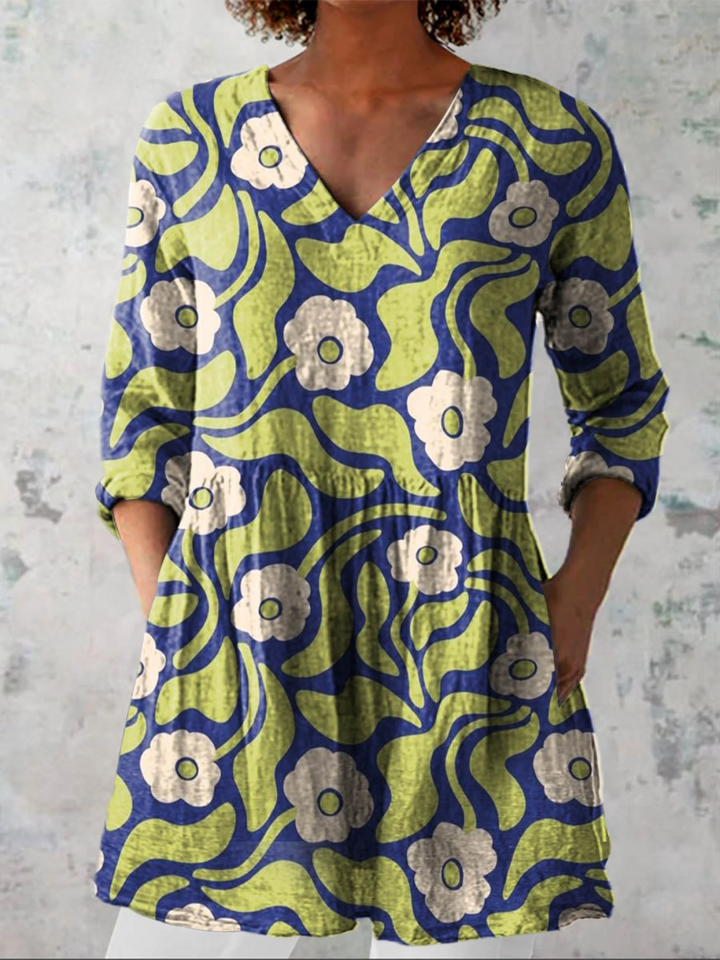 Talia | Blusa Larga Floral Retro Azul y Verde