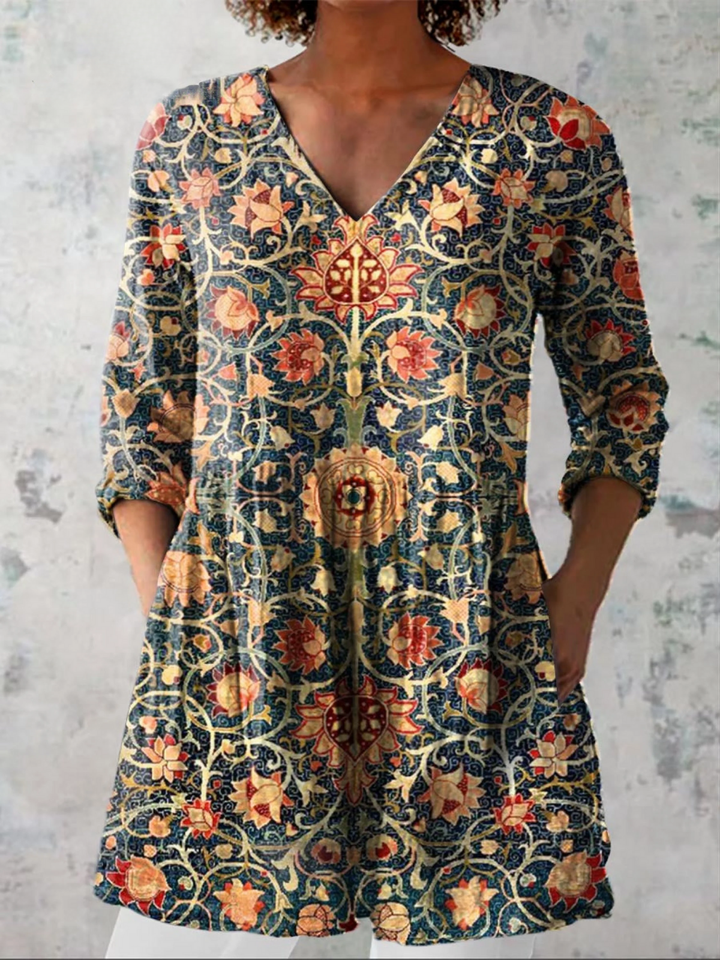Liora | Blusa Larga Arabesco Dorado Azul Marino