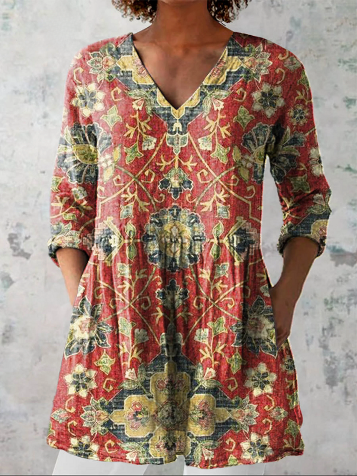 Wren | Blusa Larga Estampado Persa Rojo