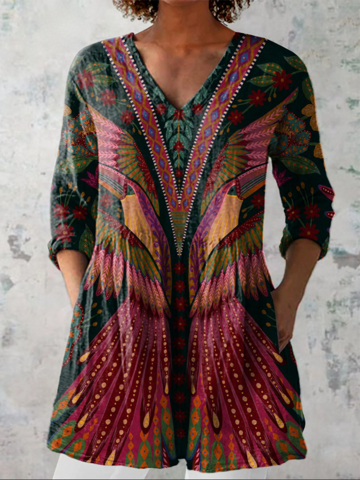 Mila | Blusa Larga Étnica con Pavo Real