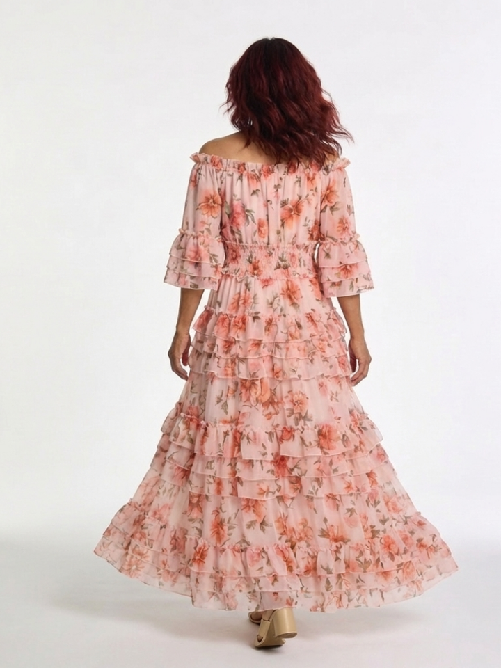 Vestido Maxi Floral con Volantes y Hombros Descubiertos Rosalie - Juliaver Madrid (vista 4)