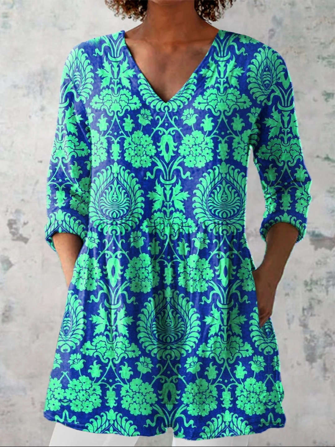 Romy | Blusa Larga Damasco Verde y Azul
