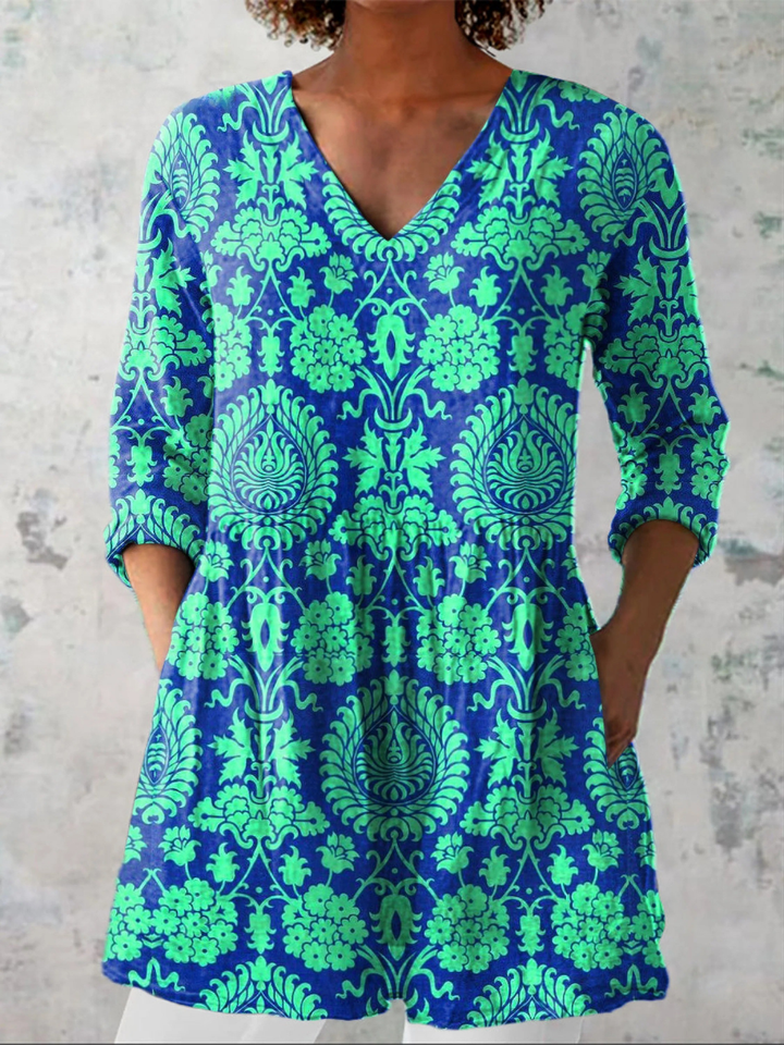 Romy | Blusa Larga Damasco Verde y Azul