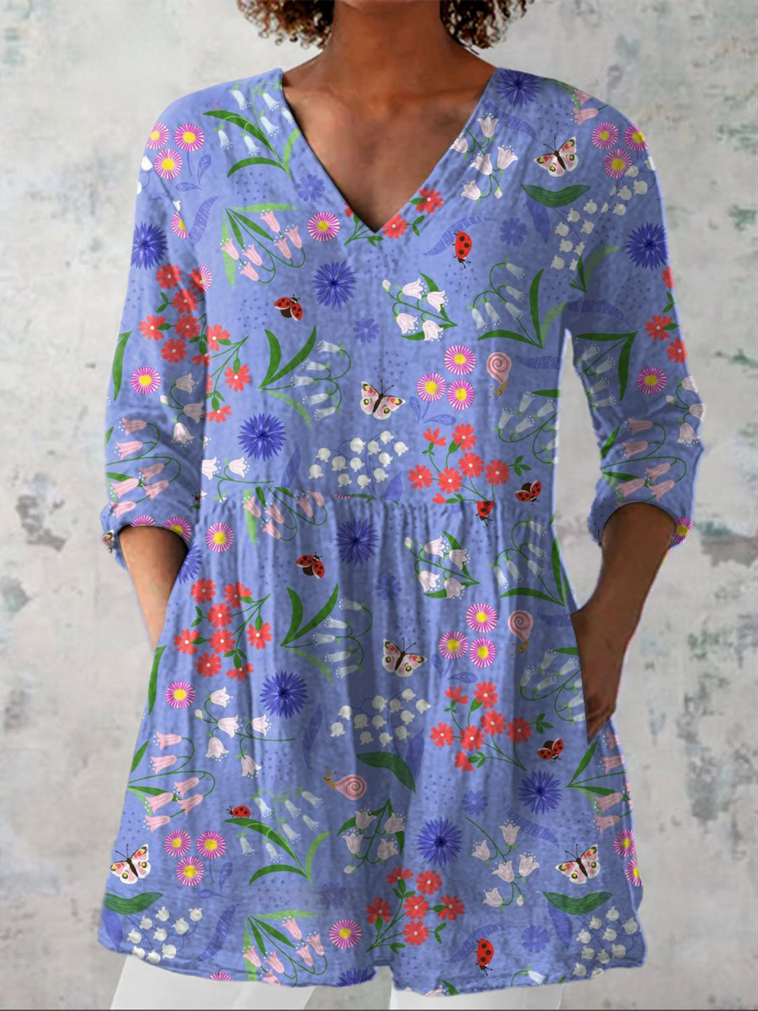 Amelie | Blusa Larga Jardín de Mariposas Azul