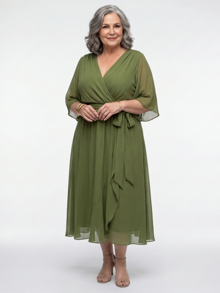 Vestido midi drapeado con escote en V y cinturilla Elysia - Juliaver Madrid (vista 6)