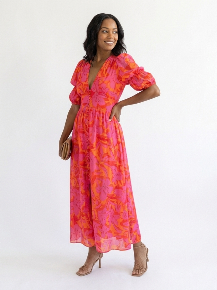 Vestido midi con escote en V y mangas abullonadas Sauce - Juliaver Madrid (vista 5)