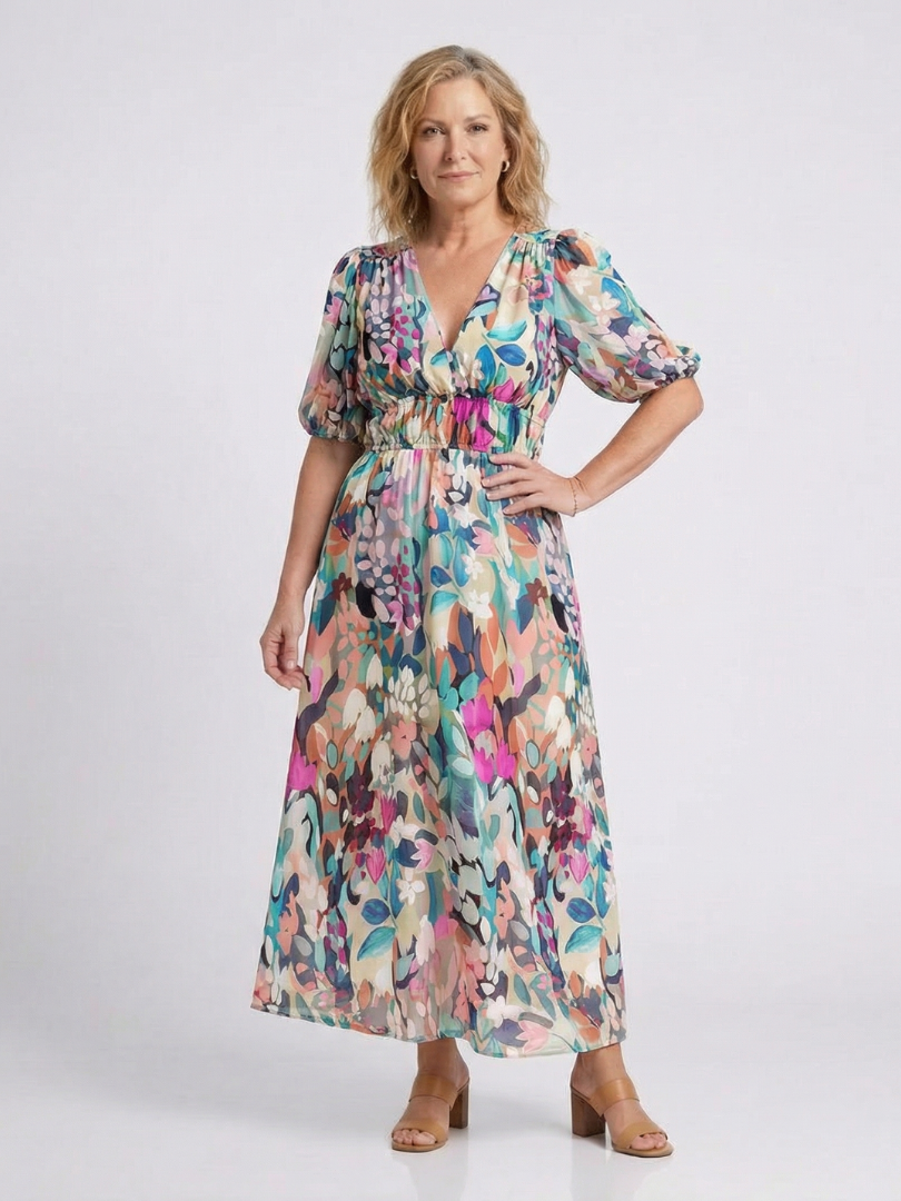 Vestido midi con escote en V y mangas cortas fruncido en la cintura Eulalie - Juliaver Madrid (vista 3)