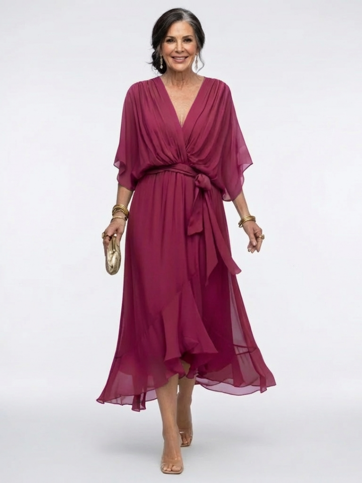 Vestido midi drapeado con escote en V y cinturilla Elysia - Juliaver Madrid (vista 3)