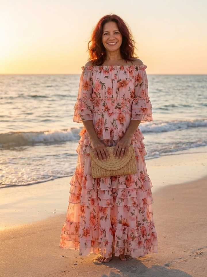 Vestido Maxi Floral con Volantes y Hombros Descubiertos Rosalie - Juliaver Madrid (vista 6)