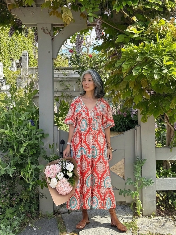 Vestido midi de manga corta con escote en V y estampado paisley Zaria - Juliaver Madrid (vista 6)