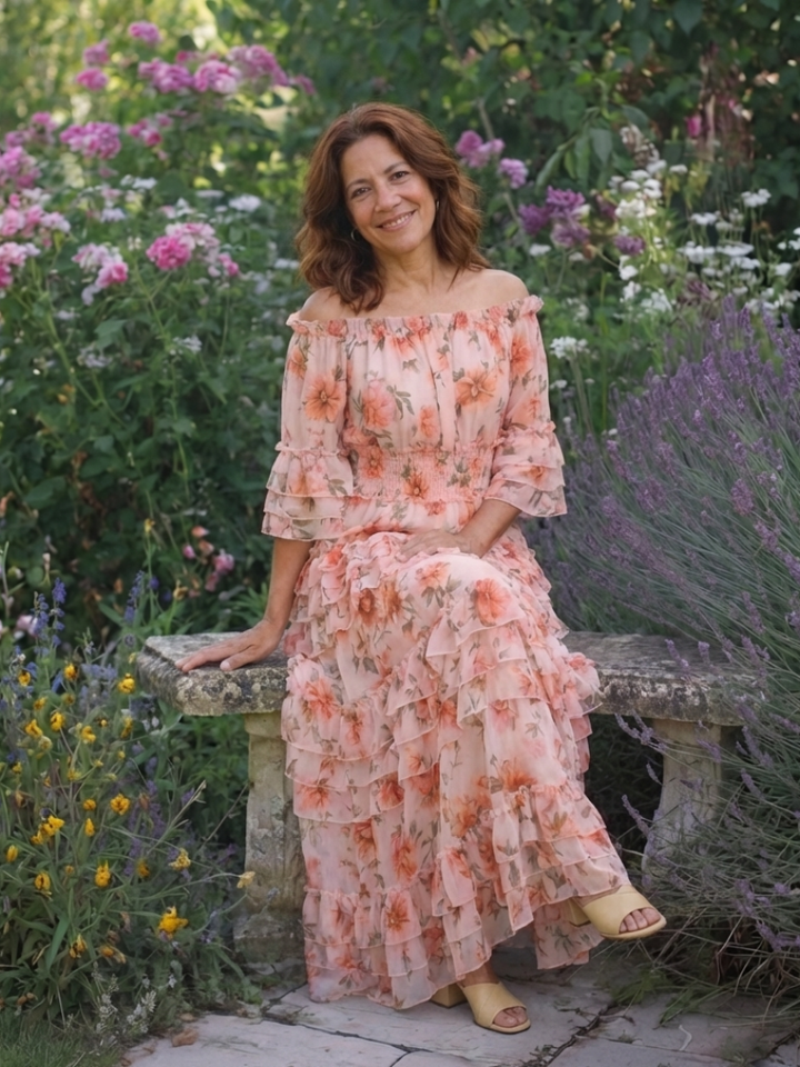 Vestido Maxi Floral con Volantes y Hombros Descubiertos Rosalie - Juliaver Madrid (vista 7)