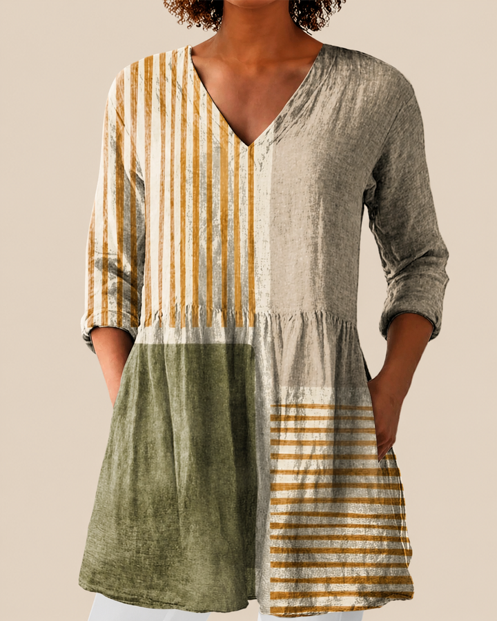 Maeve | Blusa Larga Patchwork Natural y Mostaza