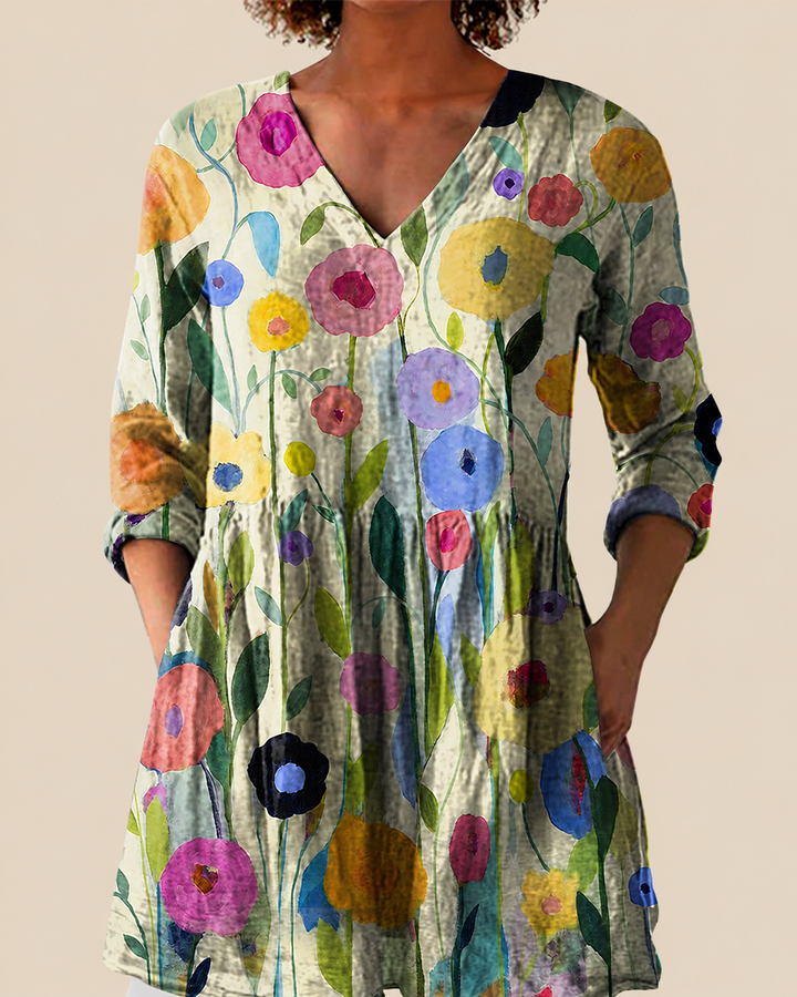 Remi | Blusa Larga Flores Acuarela sobre Crema