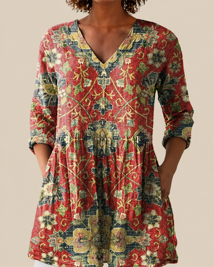 Wren | Blusa Larga Estampado Persa Rojo