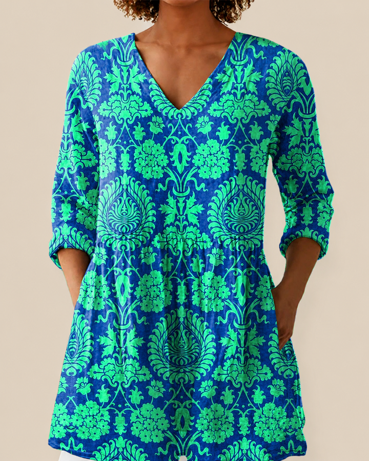 Romy | Blusa Larga Damasco Verde y Azul