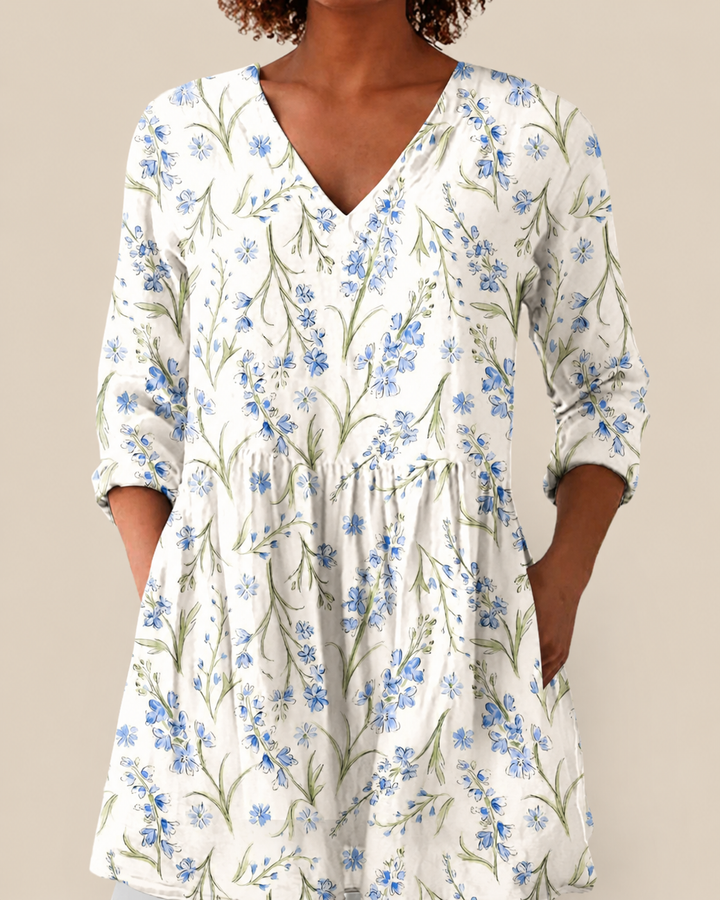 Brielle | Blusa Larga Ramilletes Azules sobre Blanco