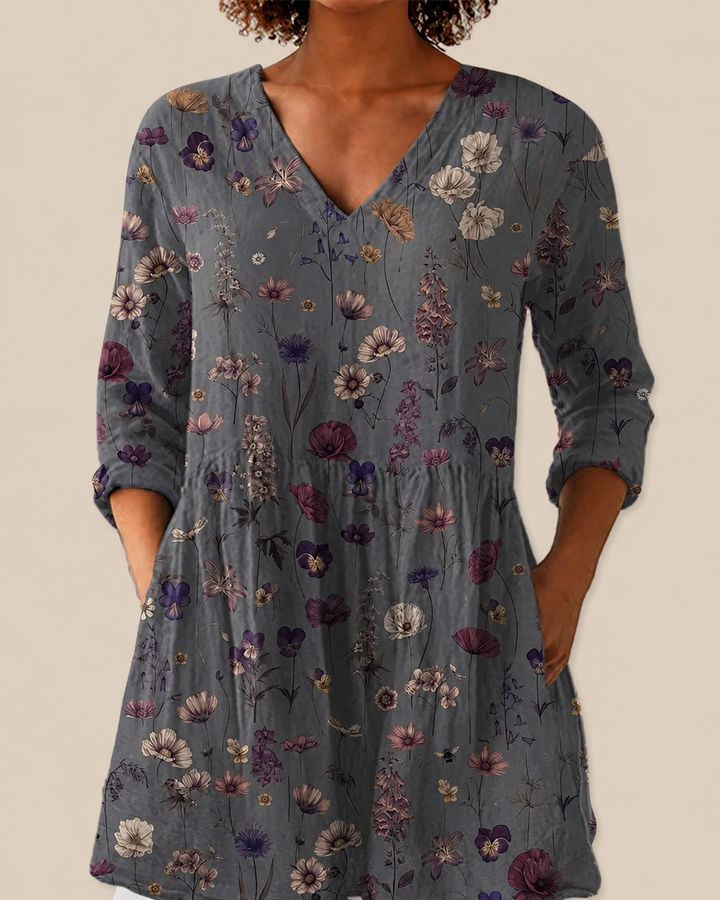 Kira | Blusa Larga Flores Prensadas Gris Oscuro
