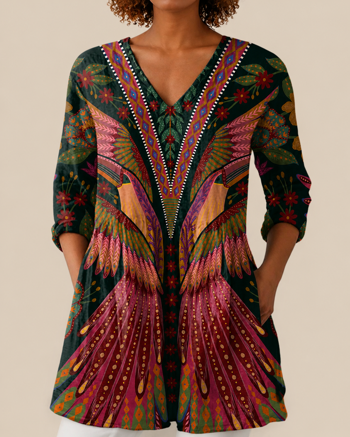 Mila | Blusa Larga Étnica con Pavo Real