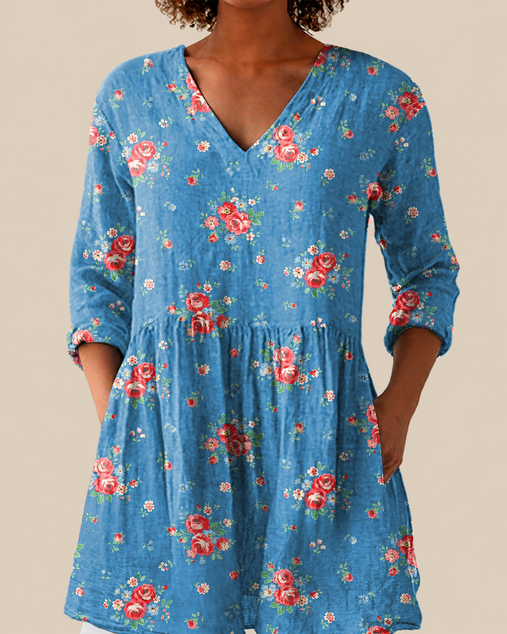 Ayla | Blusa Larga Ramos de Rosas Azul