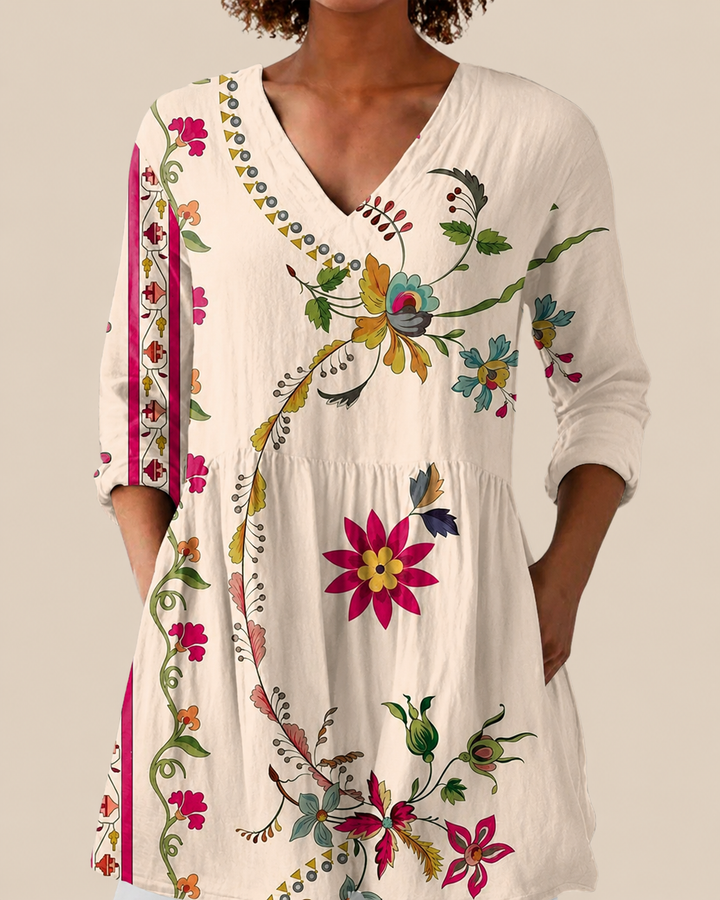 Aria | Blusa Larga Bordado Folk Crema