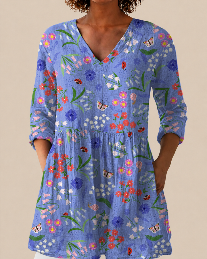 Amelie | Blusa Larga Jardín de Mariposas Azul