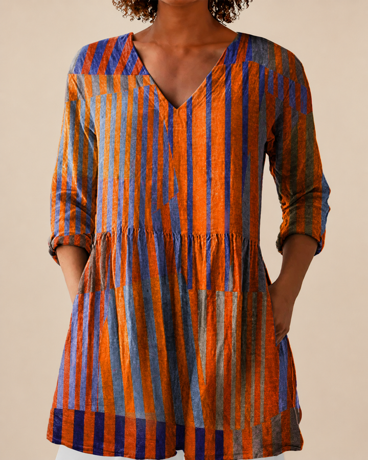 Elowen | Blusa Larga Rayas Patchwork Naranja y Azul