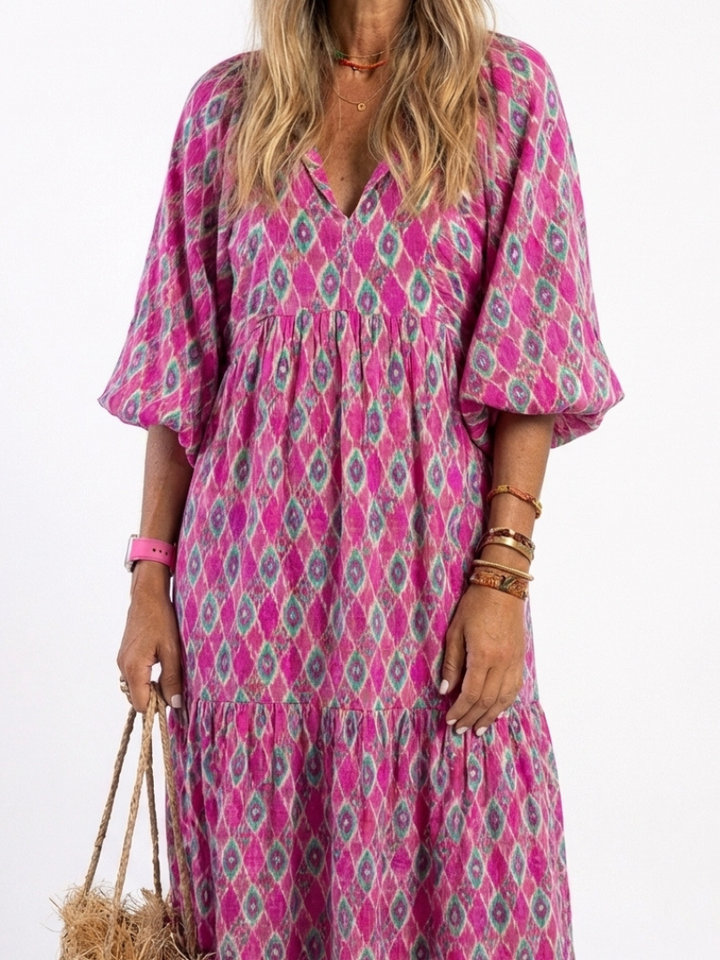 Vestido midi con escote en V y mangas tres cuartos estampado Apolline - Juliaver Madrid (vista 7)