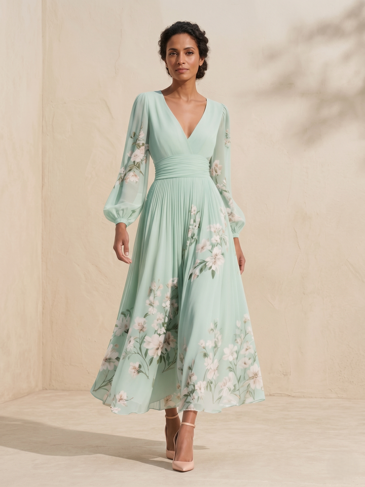 ZAMO |Vestido midi de gasa con escote de pico estampado