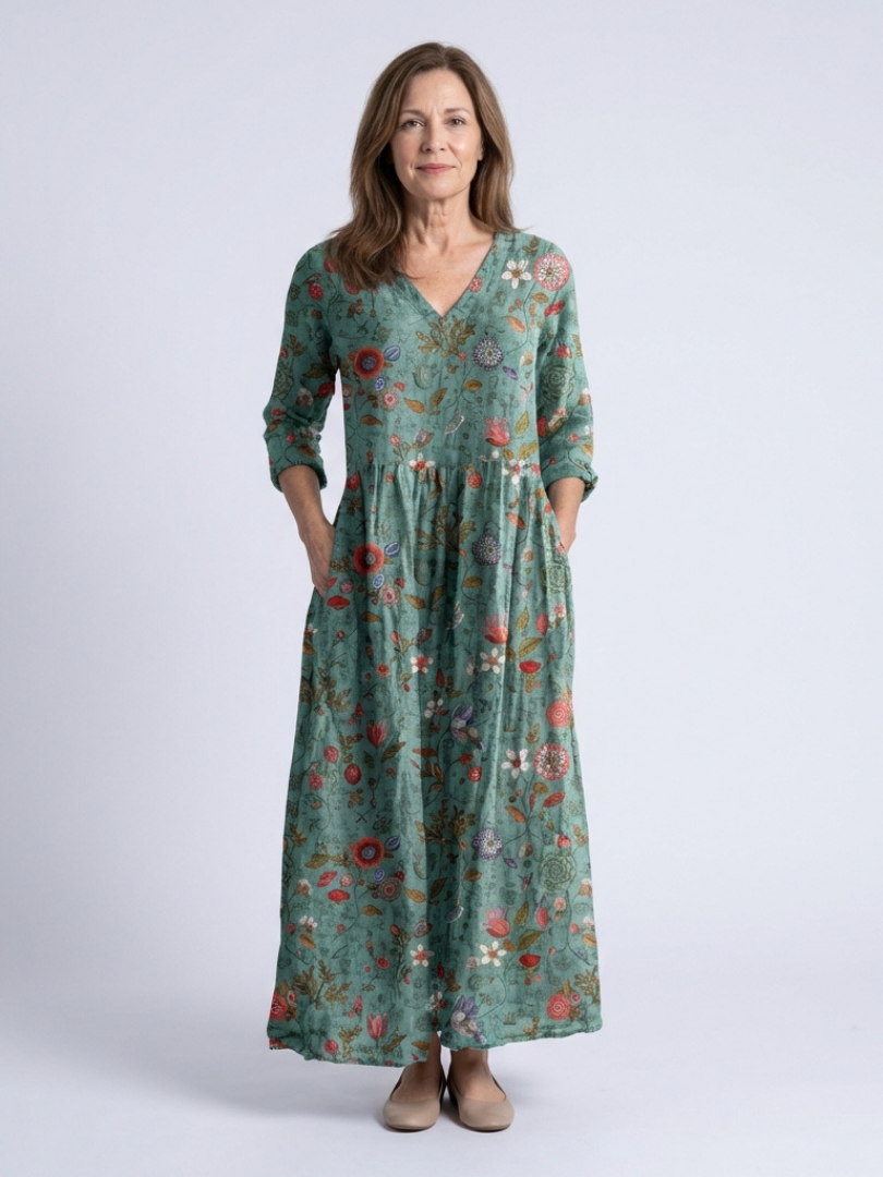 Vestido Maxí Floral con Escote en V y Mangas Tres Cuartos Marina - Juliaver Madrid