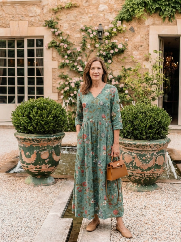 Vestido Maxí Floral con Escote en V y Mangas Tres Cuartos Marina - Juliaver Madrid (vista 7)
