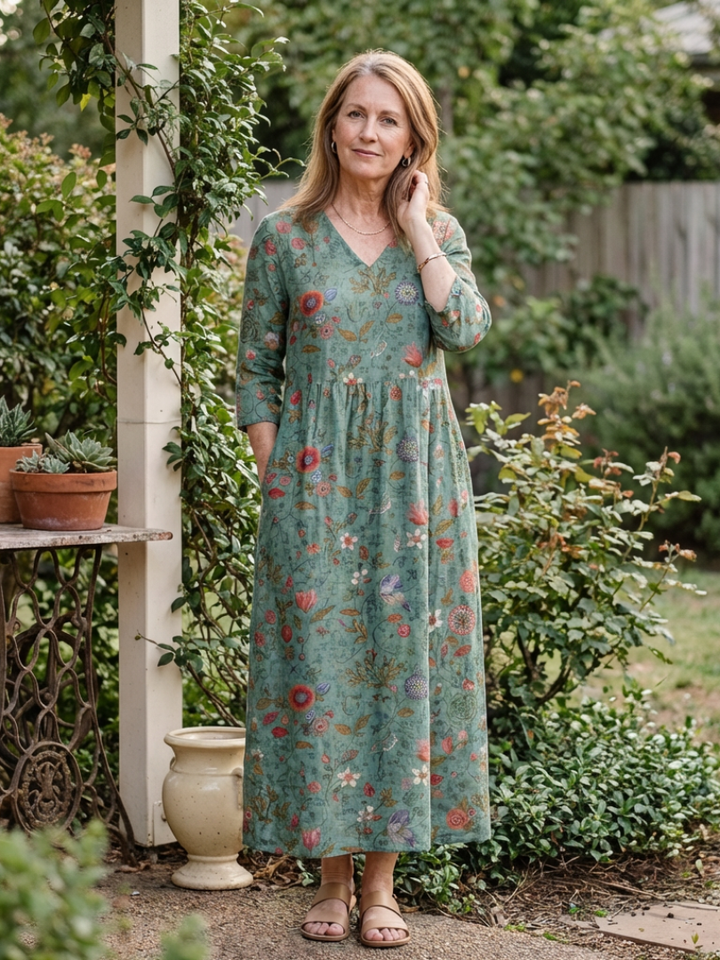 Vestido Maxí Floral con Escote en V y Mangas Tres Cuartos Marina - Juliaver Madrid (vista 6)