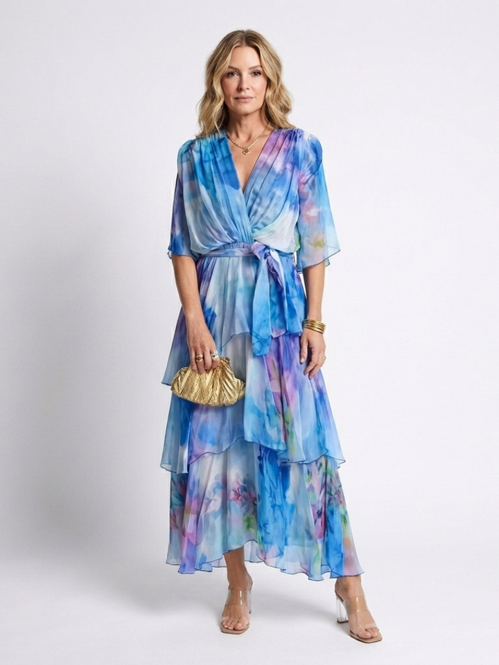 Vestido maxi transparente con escote en V y cinturón de lazo Calista - Juliaver Madrid