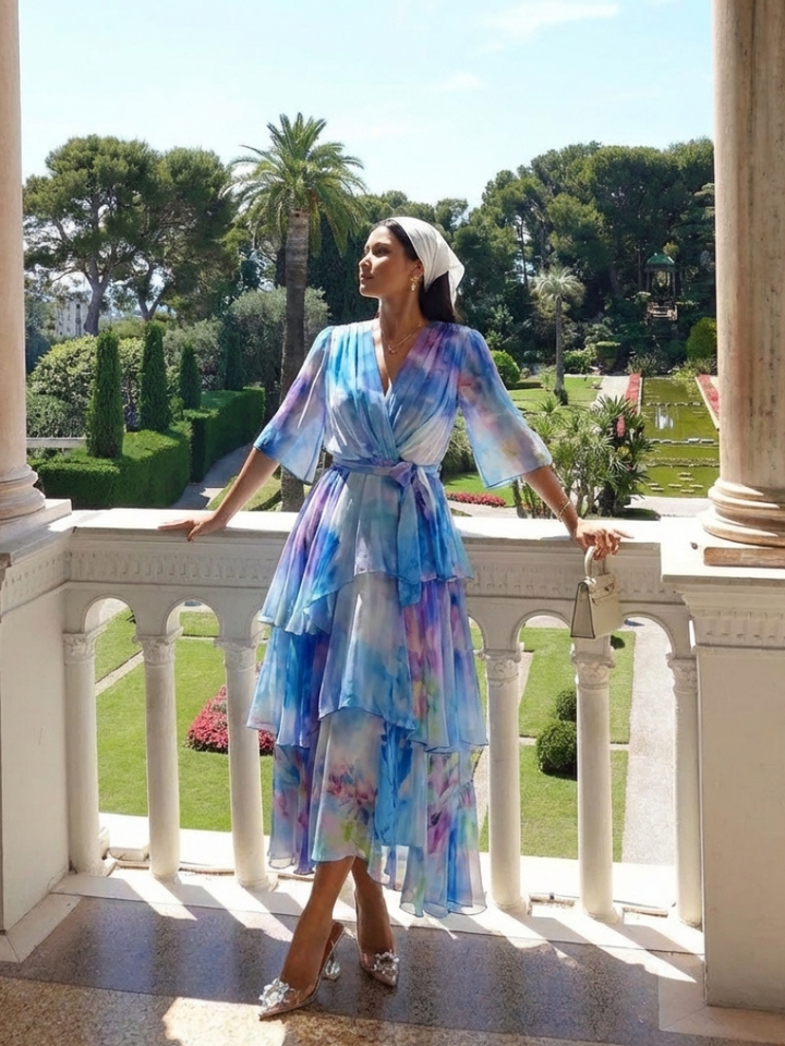 Vestido maxi transparente con escote en V y cinturón de lazo Calista - Juliaver Madrid (vista 9)