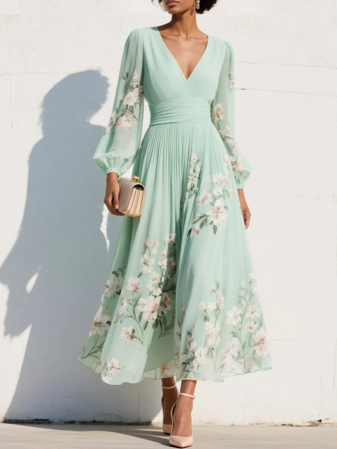 ZAMO |Vestido midi de gasa con escote de pico estampado