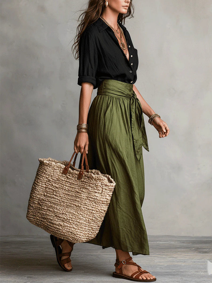 Serena | Conjunto Dos Piezas: Top Negro y Falda Midi Verde Oliva